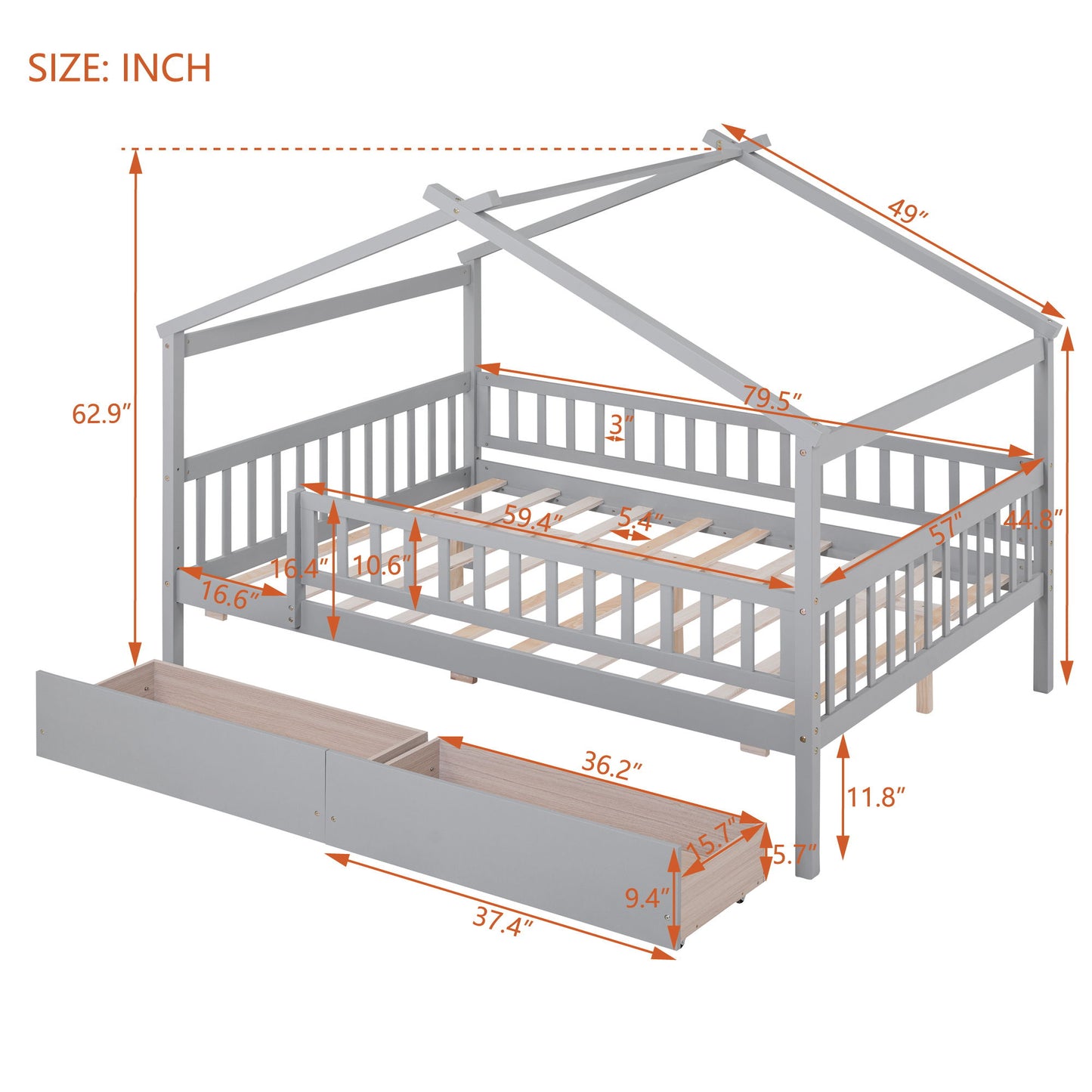Full Size House Bed With 2 Drawers - Gray