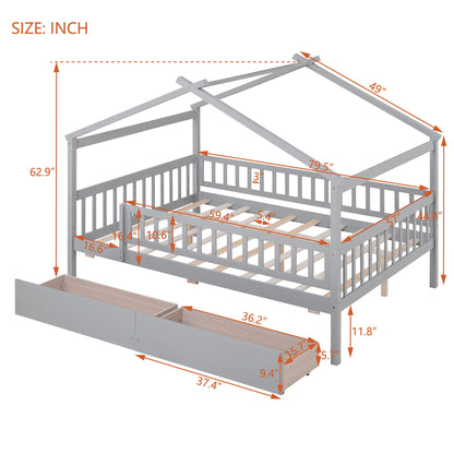 Full Size House Bed With 2 Drawers - Gray