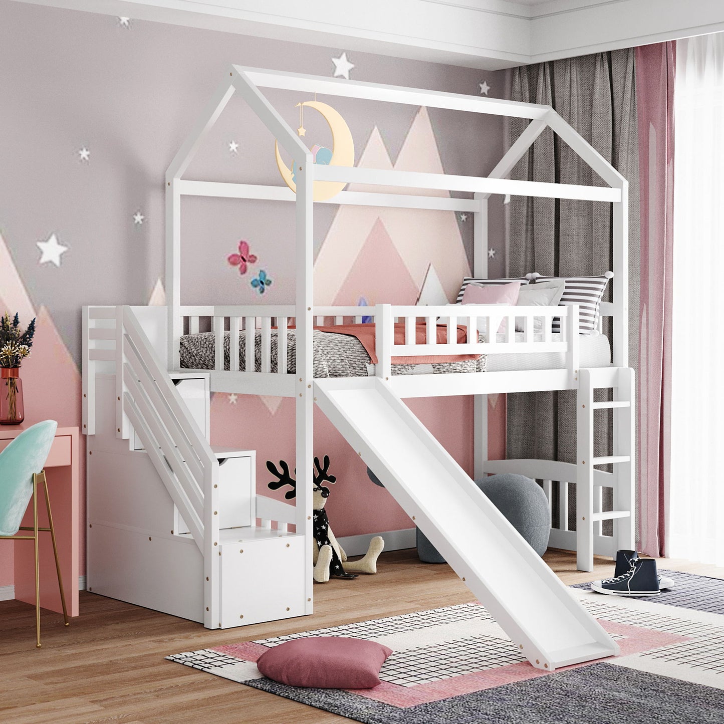 Twin Loft House Bed With 2 Drawers And Slide - White
