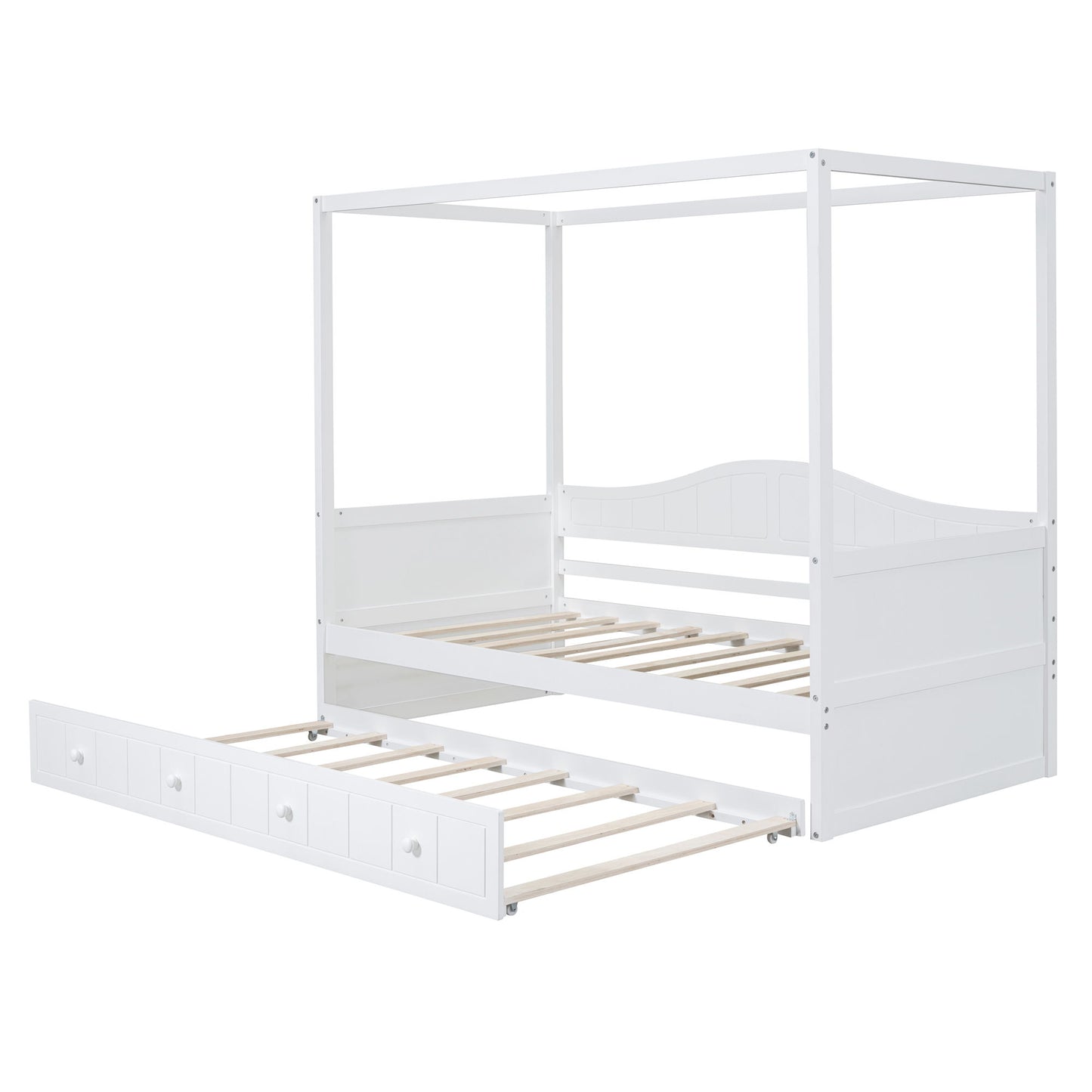 Twin Size Canopy Day Bed With Twin Size Trundle - White