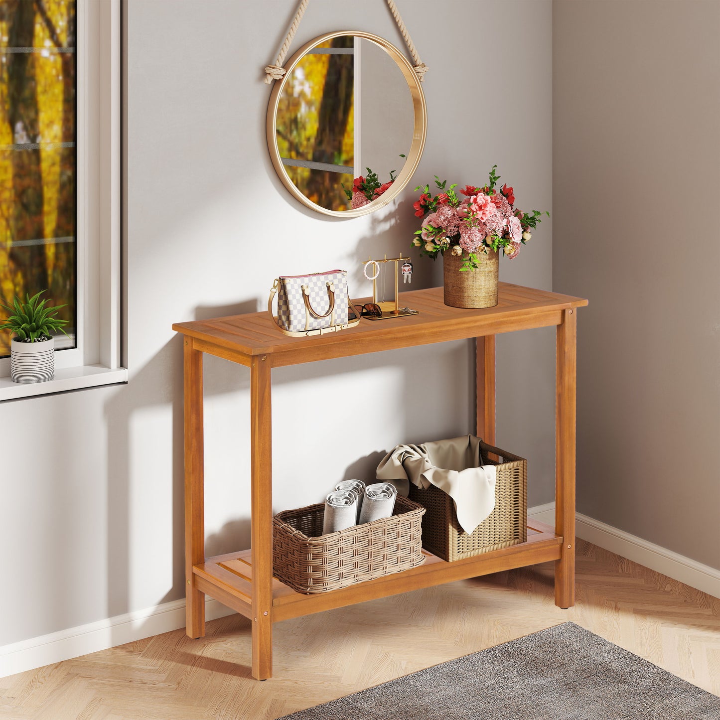 Workstation For Garden Balcony Garage, Acacia Console Potting Table - Light Brown