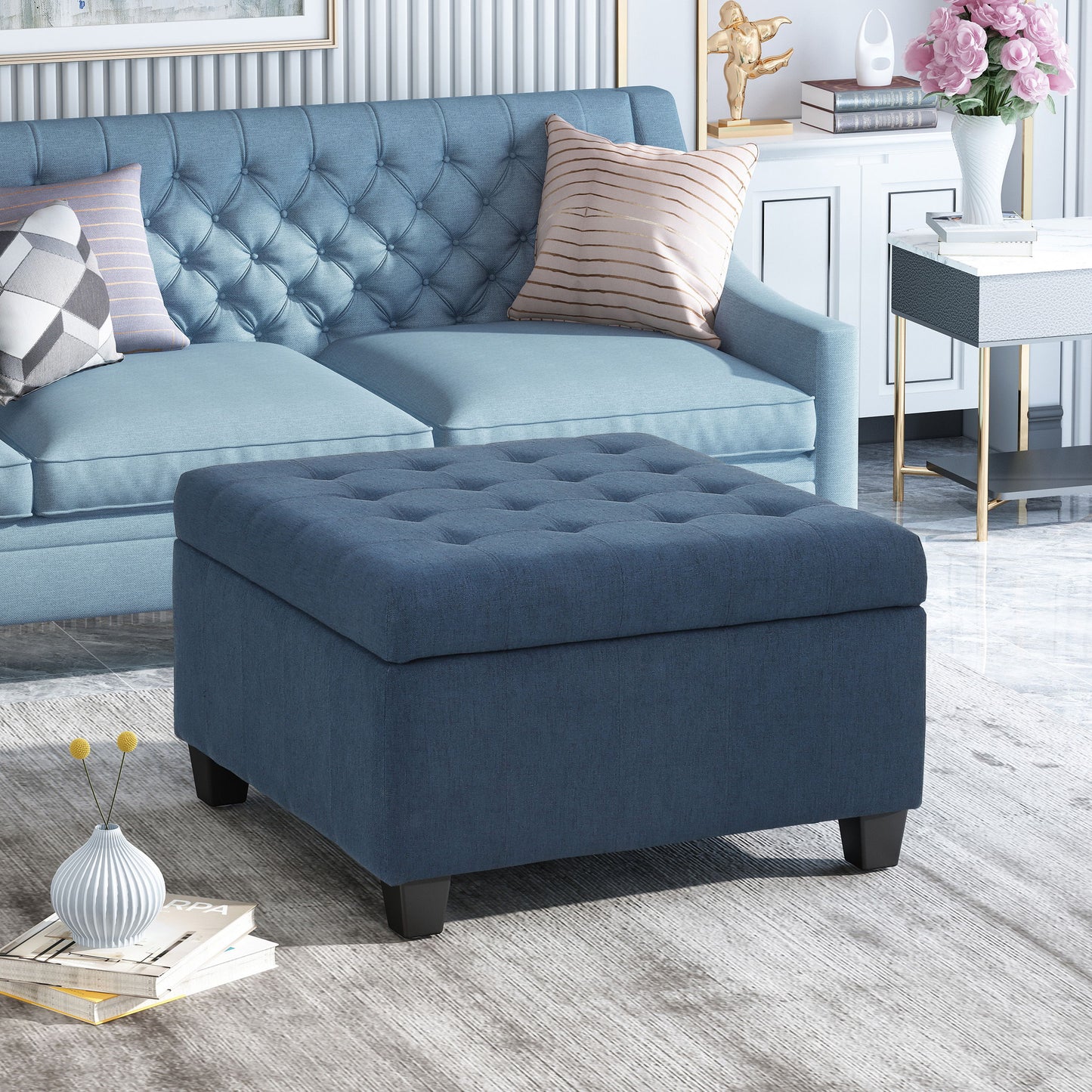 Isabella - Elegant Ottoman With Storage Functionality - Navy Blue Fabric