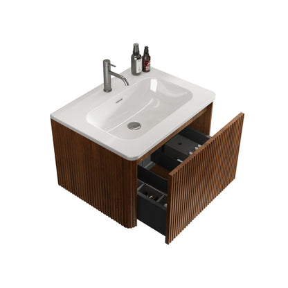 Etna - Striped Bathroom Vanity With Ceramic Sink, Wall Mounted Floating Bathroom Vanity For Modern Bathroom - White / Walnut