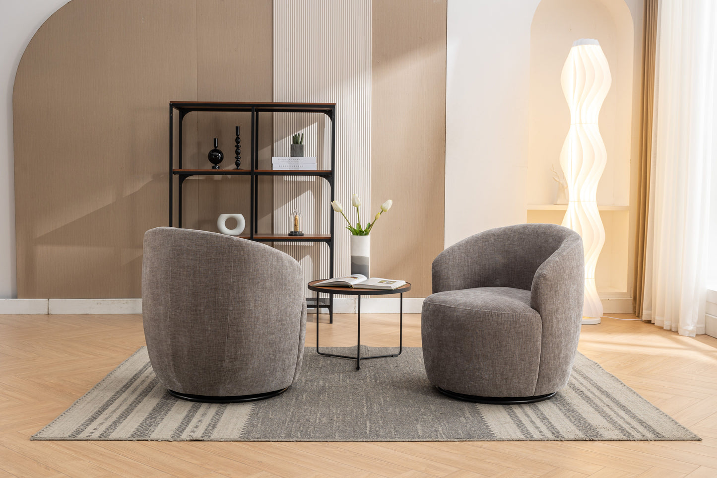 Chenille Fabric Swivel Accent Armchair Barrel Chair With Black Powder Coating Metal Ring - Gray