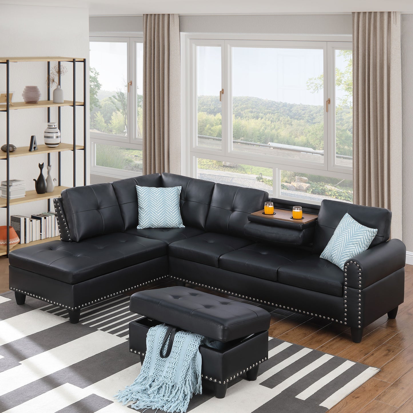 Irine - Faux Leather Sectional Sofa With Ottoman - Black