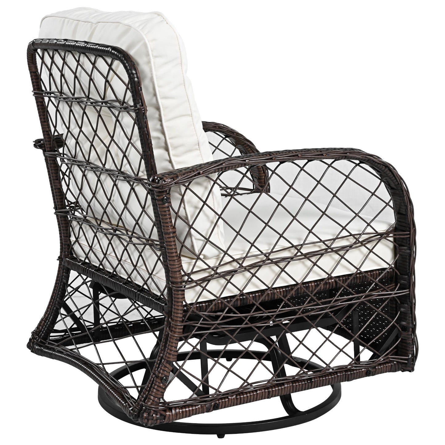 3 Piece Outdoor Chair & Table Set Chat Set 2 Person Rattan Seating Group With 2 Swiveling And Rocking Chairs And A Square Table For Garden, Patio, Or Balcony - Brown