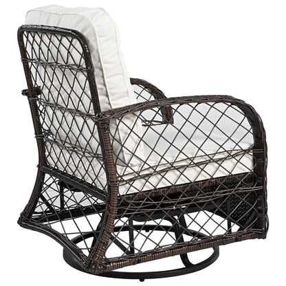 3 Piece Outdoor Chair & Table Set Chat Set 2 Person Rattan Seating Group With 2 Swiveling And Rocking Chairs And A Square Table For Garden, Patio, Or Balcony - Brown