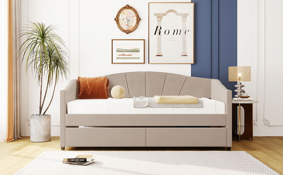 Twin Size Upholstered Daybed With Two Drawers And Slat - Beige