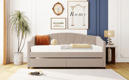 Twin Size Upholstered Daybed With Two Drawers And Slat - Beige