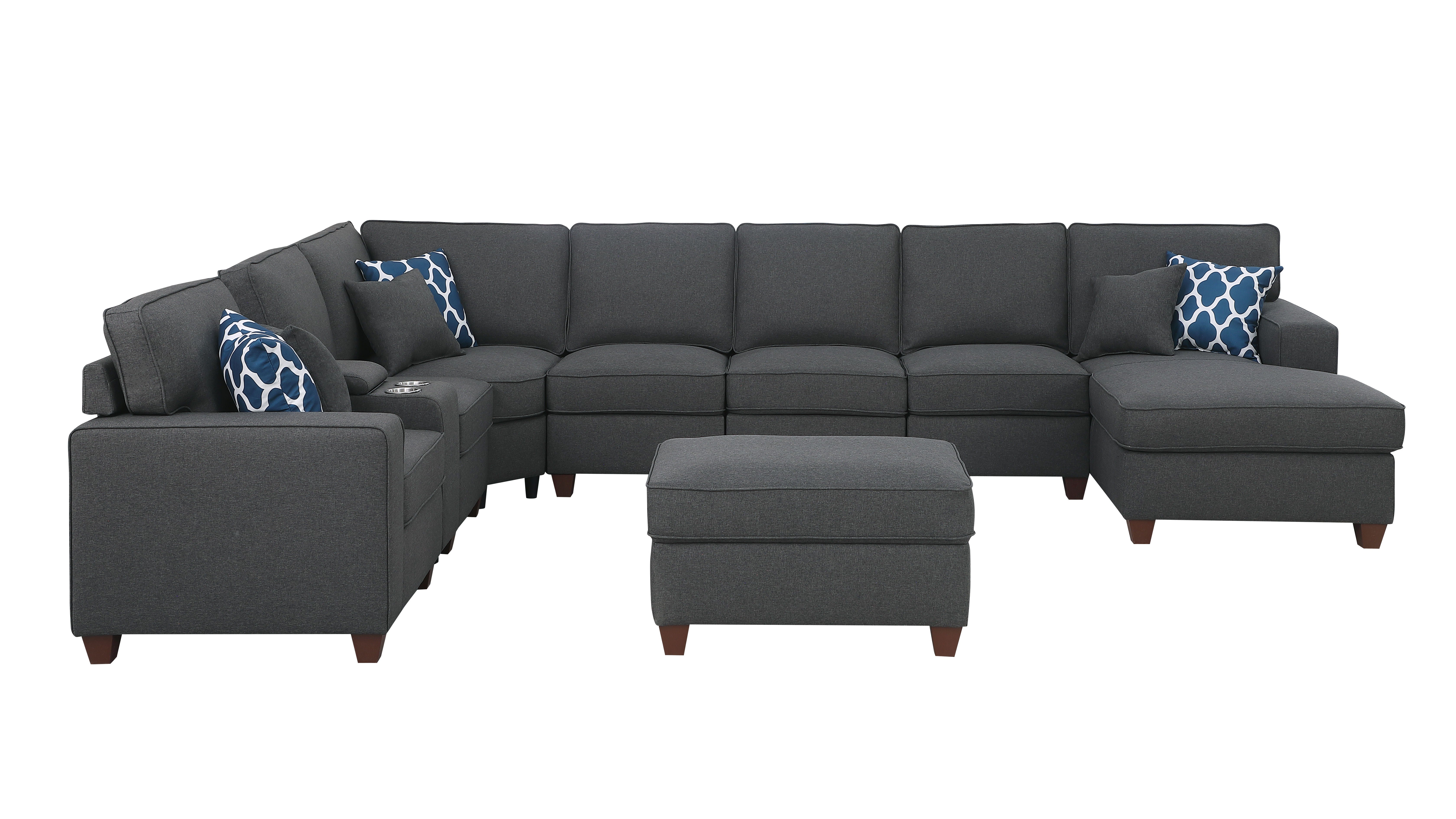 Eric - 9 Piece Upholstered Sectional With Ottoman - Dark Gray