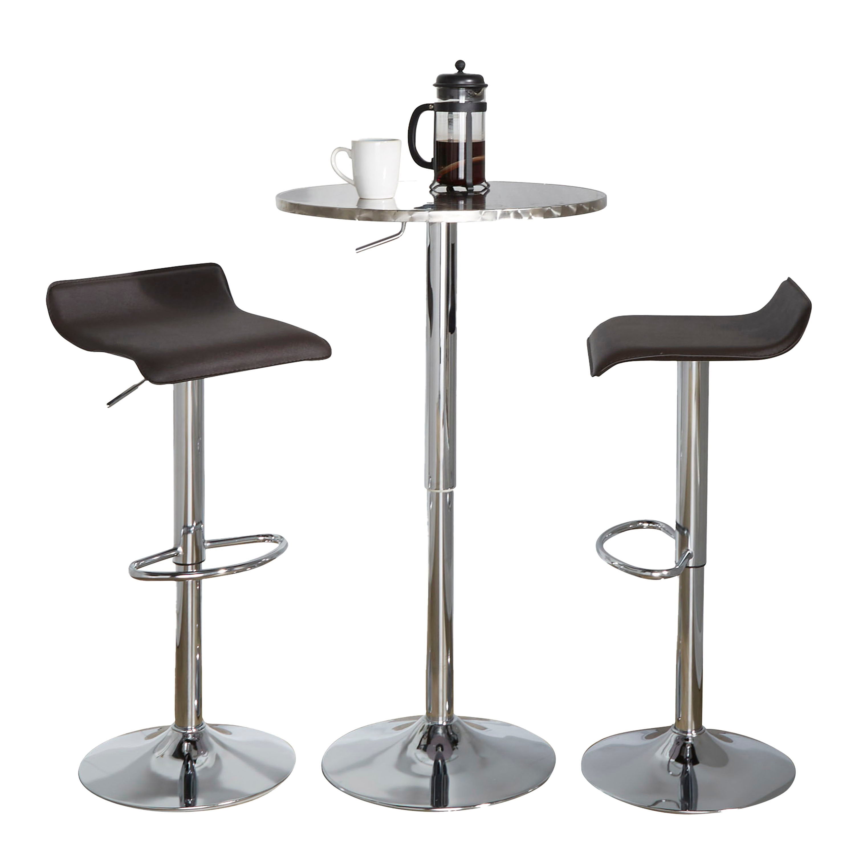 Ale - 3 Piece Bar Set Bistro Round Contemporary Adjustable Oval Footrest - Silver / Chrome / Brown