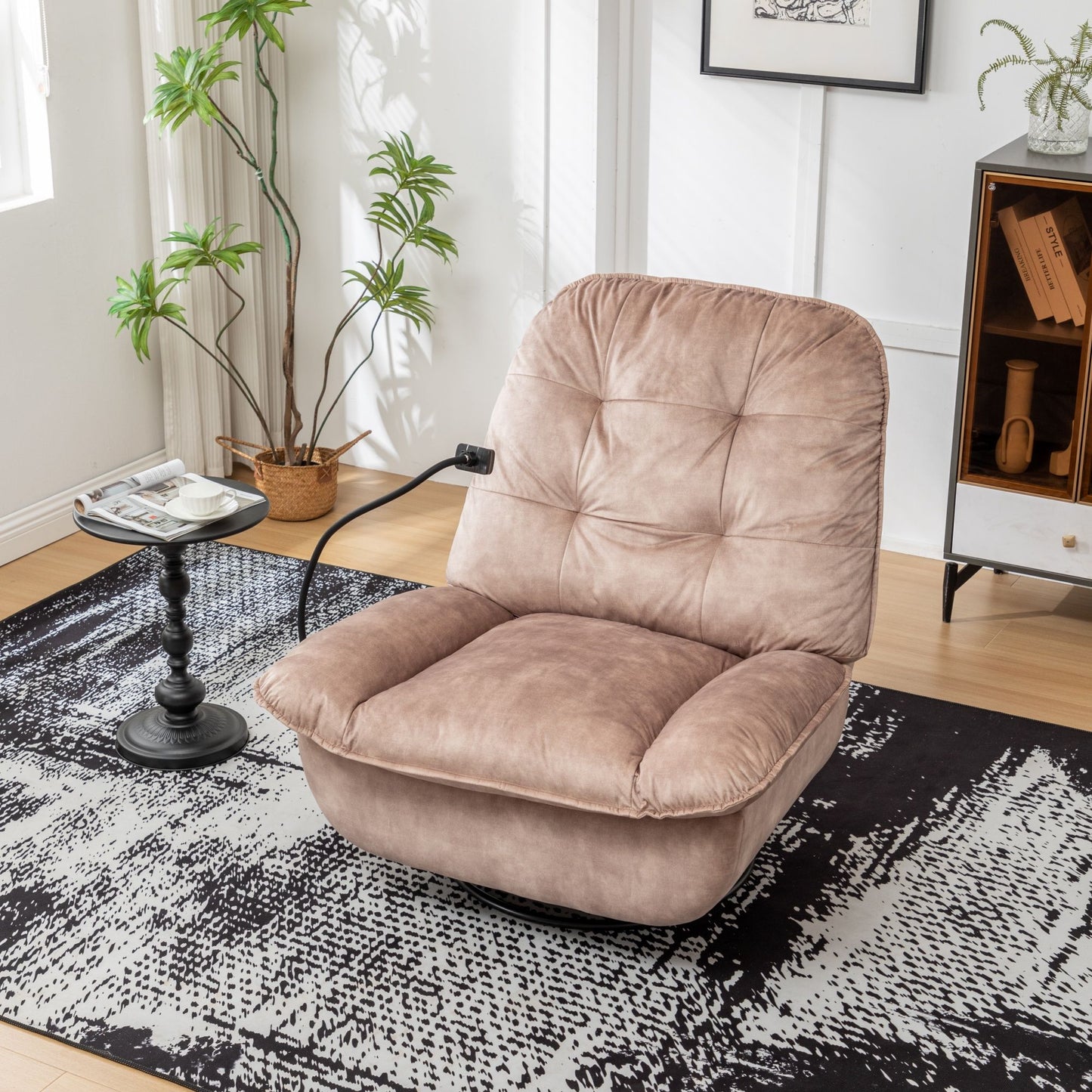 Modern Swivel Gliding Recliner Chair With Rocking Function And Phone Holder - Large Comfortable Reading Chair Stamped Velvet - Natural Brown