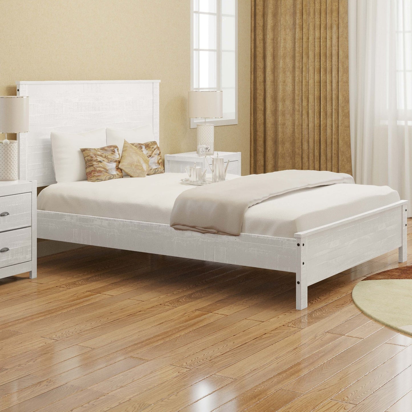 Albany - Queen Bed Frame With Headboard, Heavy Duty Modern Rustic Design - White