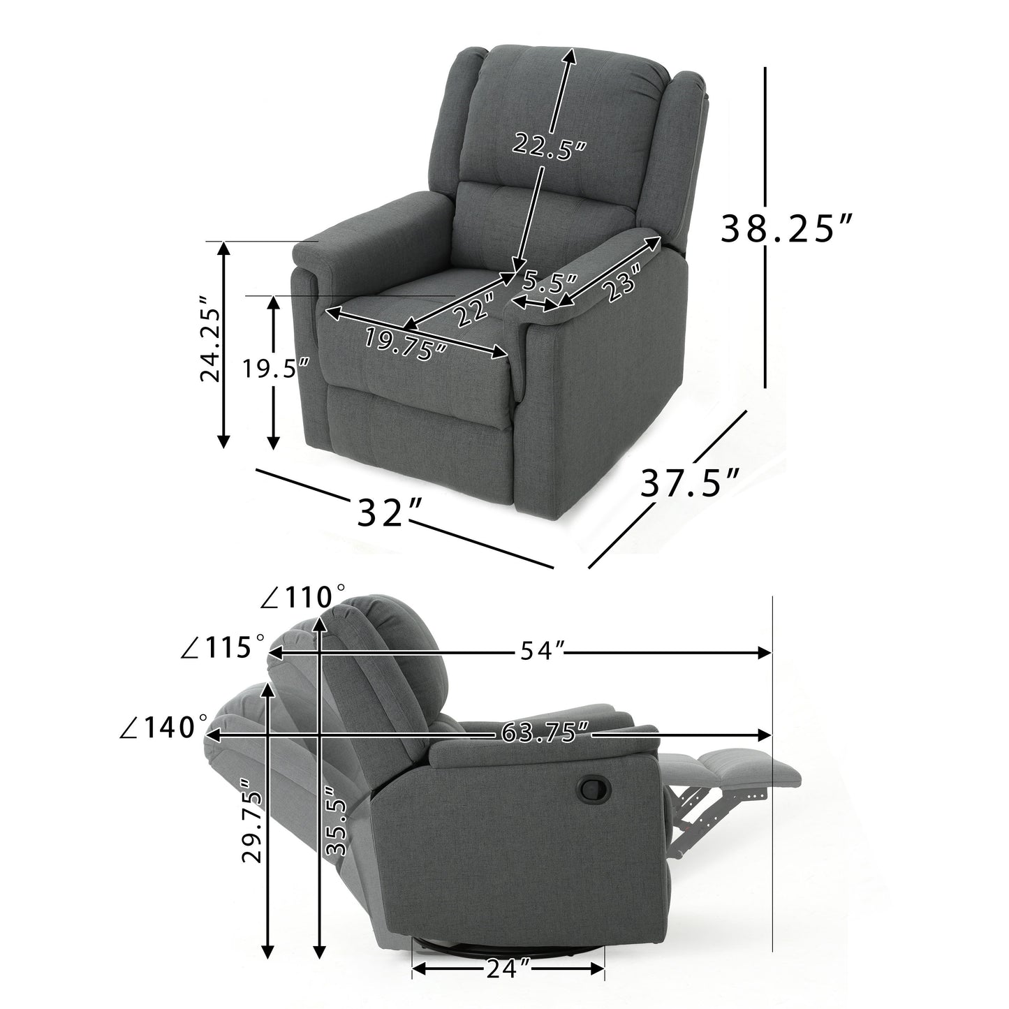 Glider Recliner With Swivel, Manual Reclining Chair - Charcoal