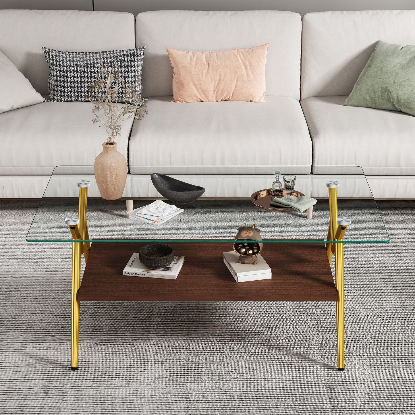 Rectangle Coffee Table With Tempered Glass Top And Golden Metal Legs, Modern Table For Living Room, Transparent Glass - Gold / Dark Brown