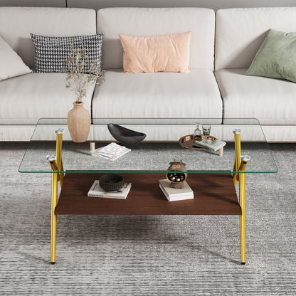 Rectangle Coffee Table With Tempered Glass Top And Golden Metal Legs, Modern Table For Living Room, Transparent Glass - Gold / Dark Brown