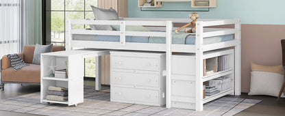 Full Loft Low Study Bed With Cabinet, Shelves And Rolling Portable Desk, Multiple Functions - White
