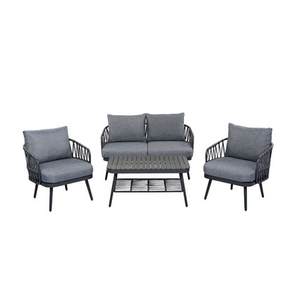 4 Piece Outdoor Patio Furniture Set, Metal Chairs With Woven Rope U Shaped Backrest, Outdoor Conversation Set With Thick Cushions And Coffee Table For Garden, Poolside, Balcony - Black / Gray