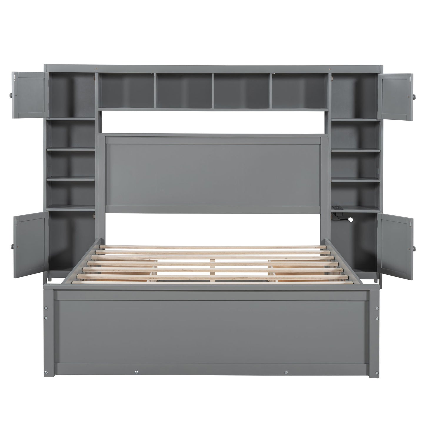 Queen Size Bed With All In One Cabinet, Shelf And Sockets - Gray