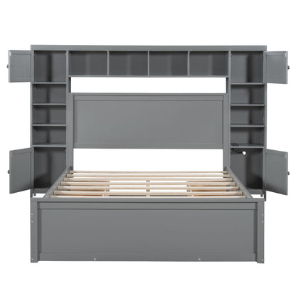 Queen Size Bed With All In One Cabinet, Shelf And Sockets - Gray