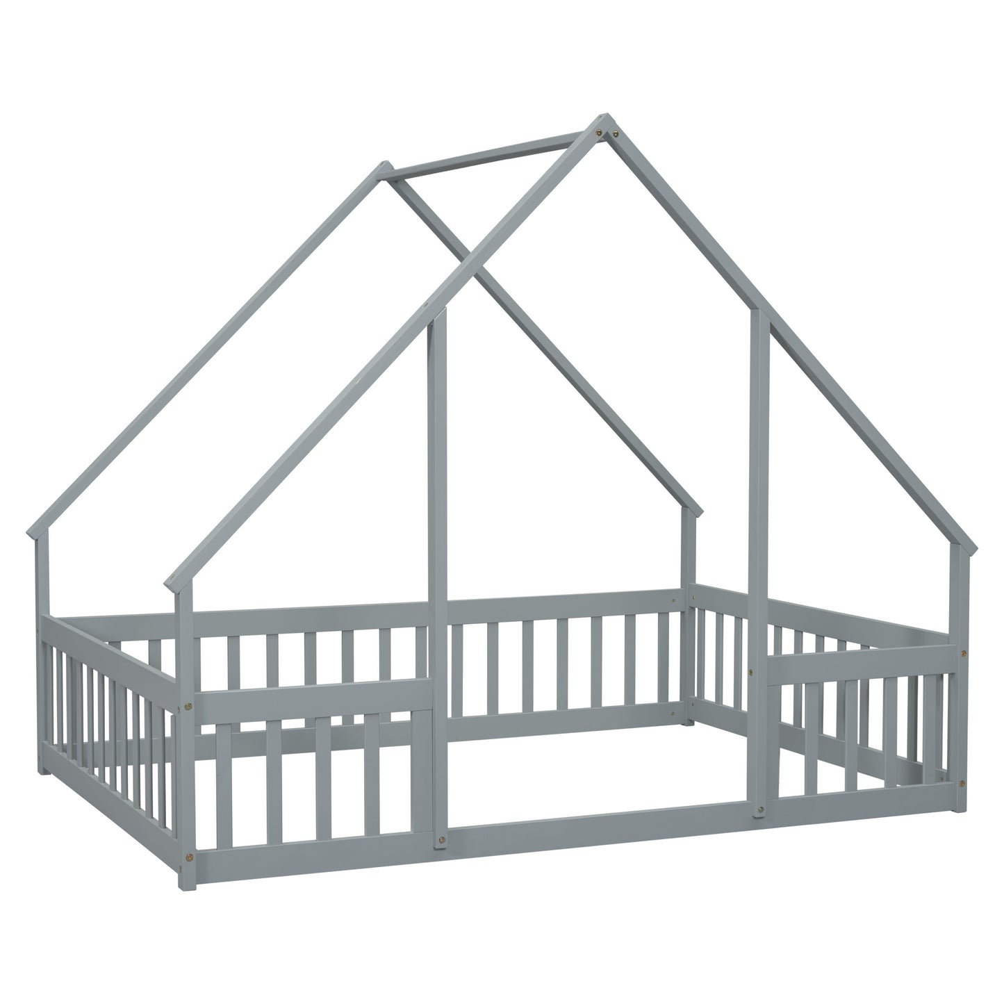 Full Wood House-Shaped Floor Bed With Fence, Guardrails - Gray
