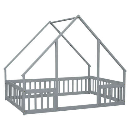 Full Wood House-Shaped Floor Bed With Fence, Guardrails - Gray