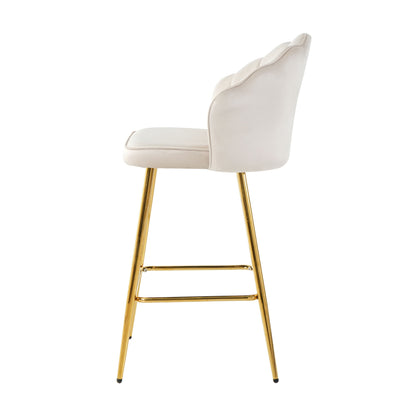Elegant Shell Shape Off White Velvet Bar Chair Plated Metal Legs For Coffee Shops And Restaurants (Set of 2) - Gold