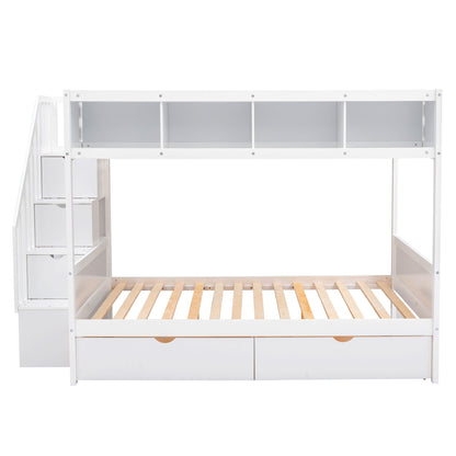 Twin Over Full Bunk Bed With Shelfs, Storage Staircase And 2 Drawers - White