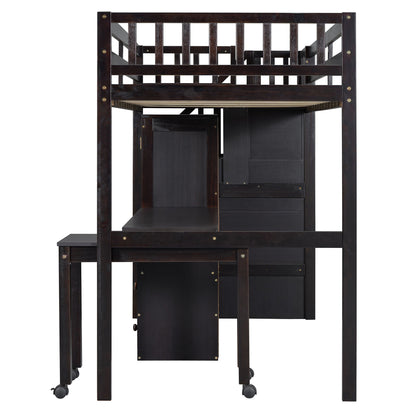 Twin Size Loft Bed With Stairs, Bookshelf, Drawers, Desk & Wardrobe, Space Saving Multifunctional Furniture - Espresso