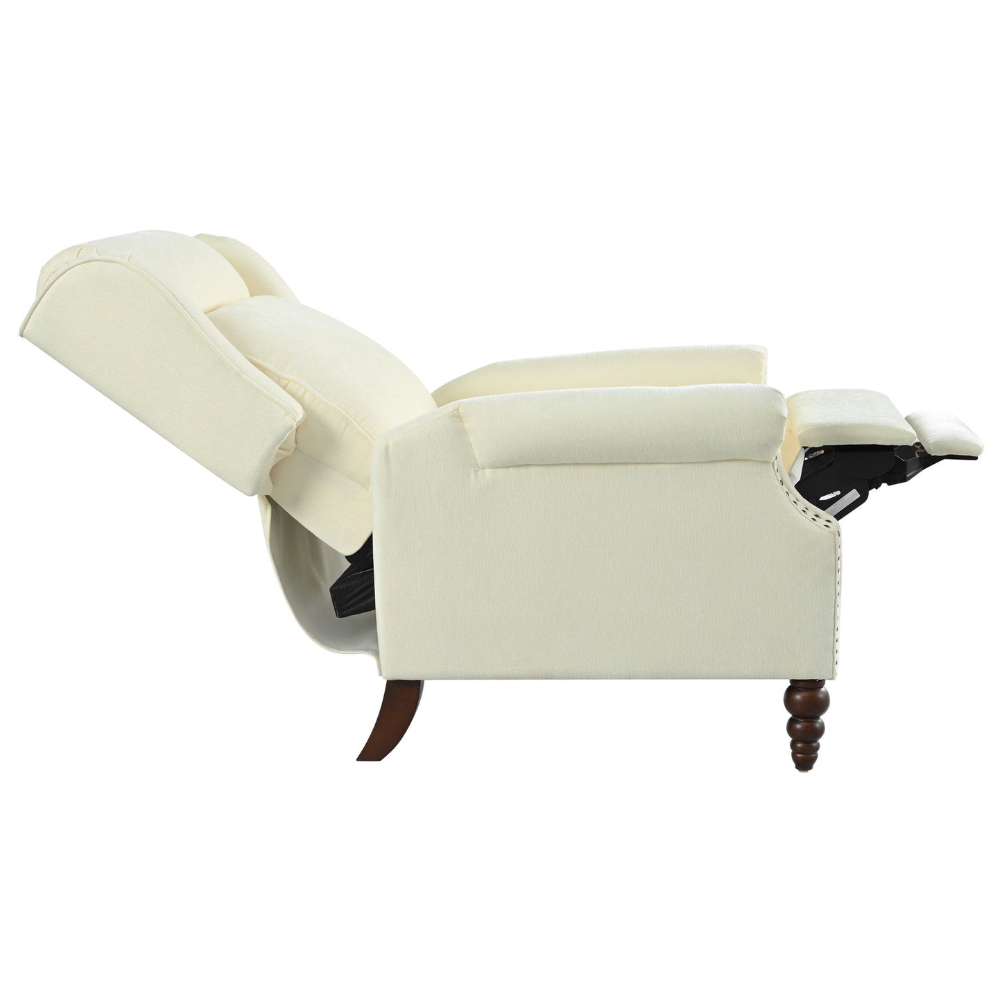 Push Back Recliner Chair Upholstered With Classic Wing Back And Solid Gourd-Shaped Legs For Living Room - Beige