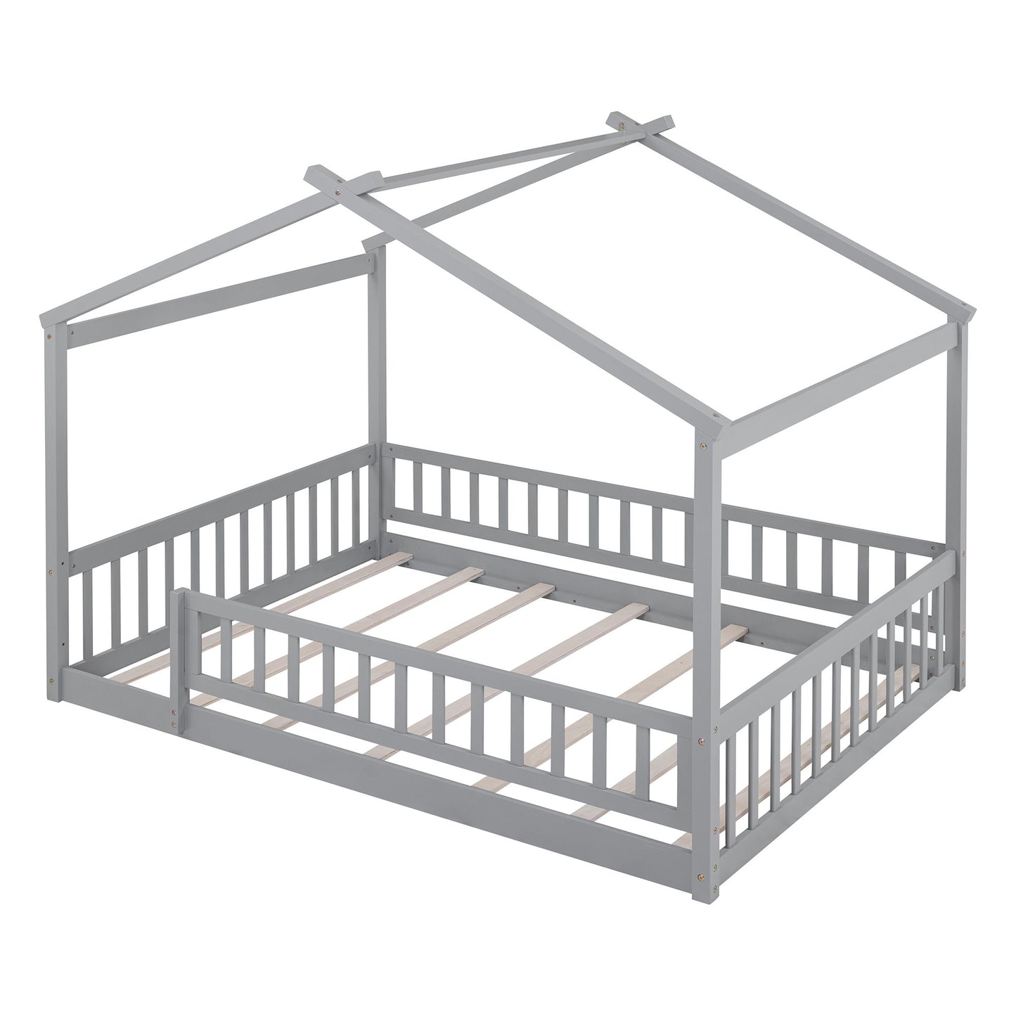 Full Size Bed House Bed Frame With Fence - Gray