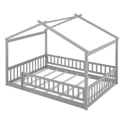 Full Size Bed House Bed Frame With Fence - Gray