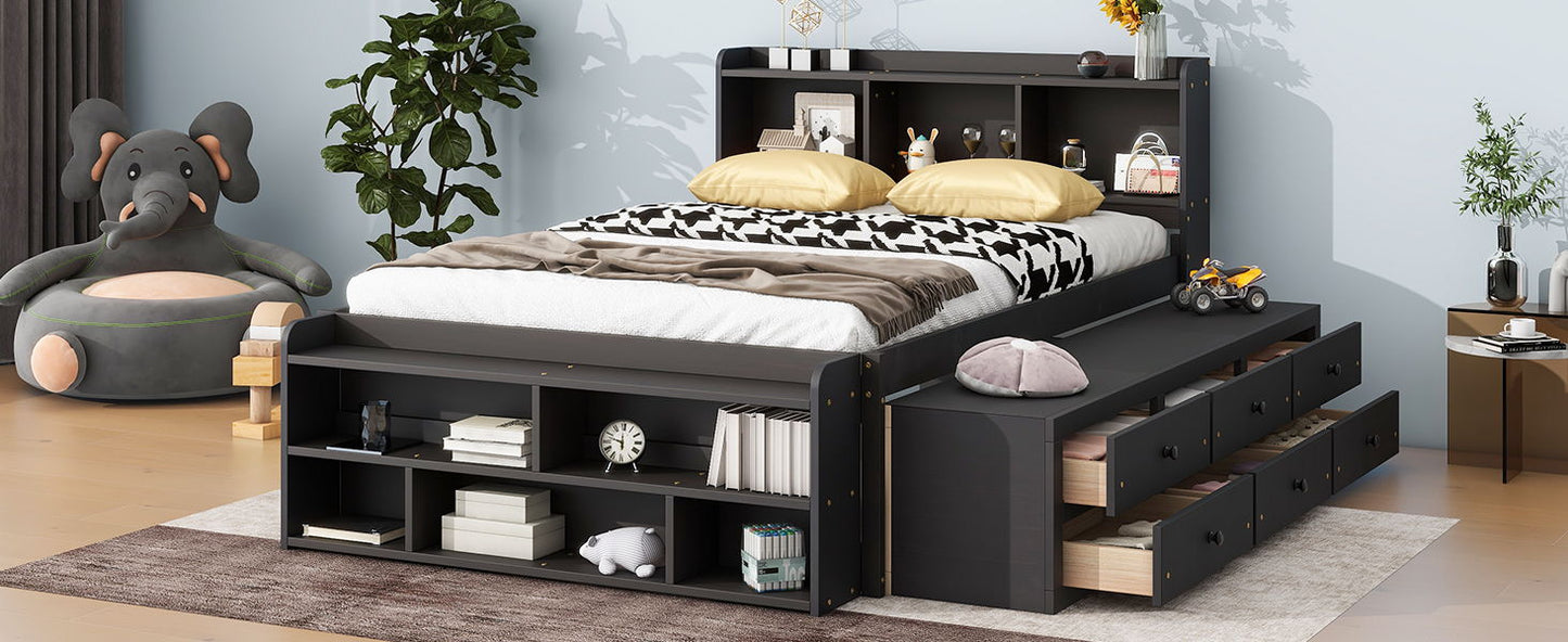 Full Bed With Bookcase Headboard, Under Bed Storage Drawers And Bed End Storage Case - Espresso