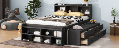 Full Bed With Bookcase Headboard, Under Bed Storage Drawers And Bed End Storage Case - Espresso