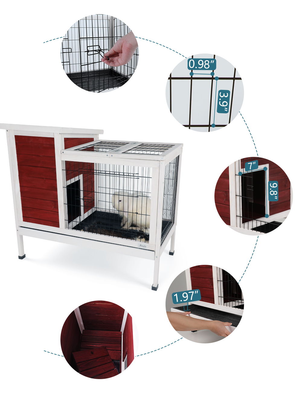 Two Tier Wooden Indoor / Outdoor Rabbit Cage For Small Animals With Runway And Leak-Proof Plastic Tray - Red