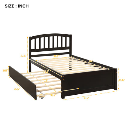 Twin Size Platform Bed Frame With Trundle - Espresso