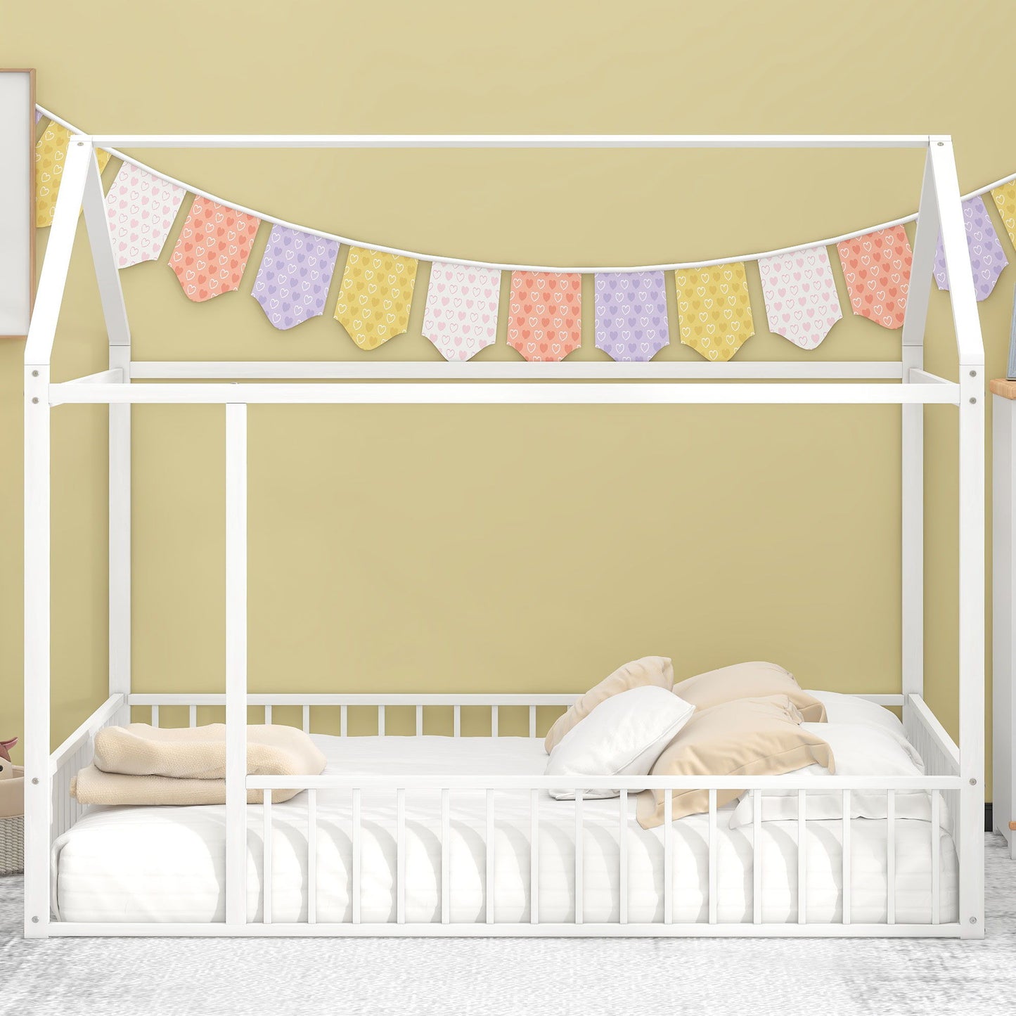 Full Size Bed House Bed Frame With Fence - White