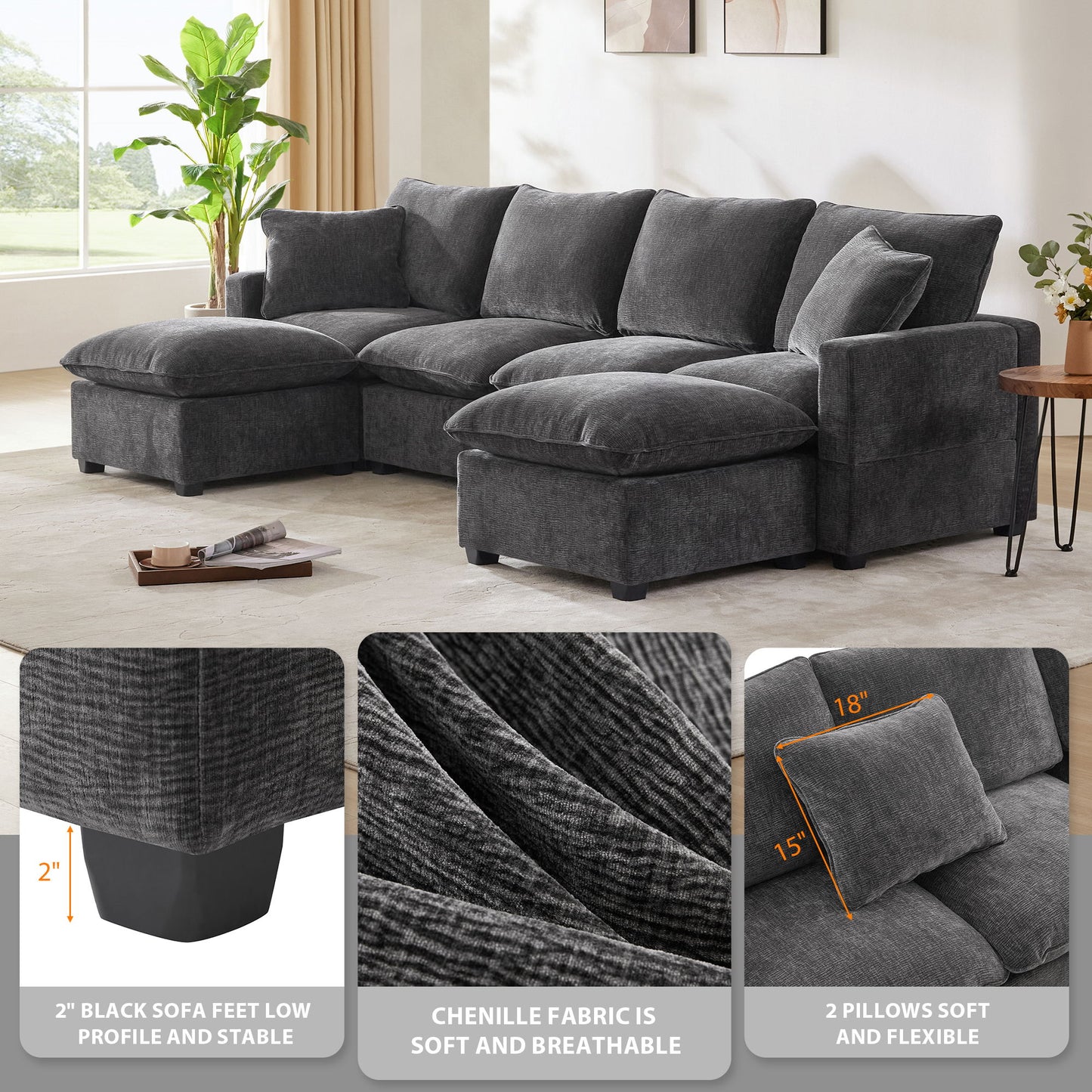 Modern U-Shape Modular Sofa, 6 Seat Chenille Sectional Couch Set With 2 Pillows Included, Freely Combinable Indoor Funiture - Black / Gray