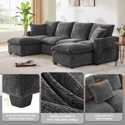 Modern U-Shape Modular Sofa, 6 Seat Chenille Sectional Couch Set With 2 Pillows Included, Freely Combinable Indoor Funiture - Black / Gray