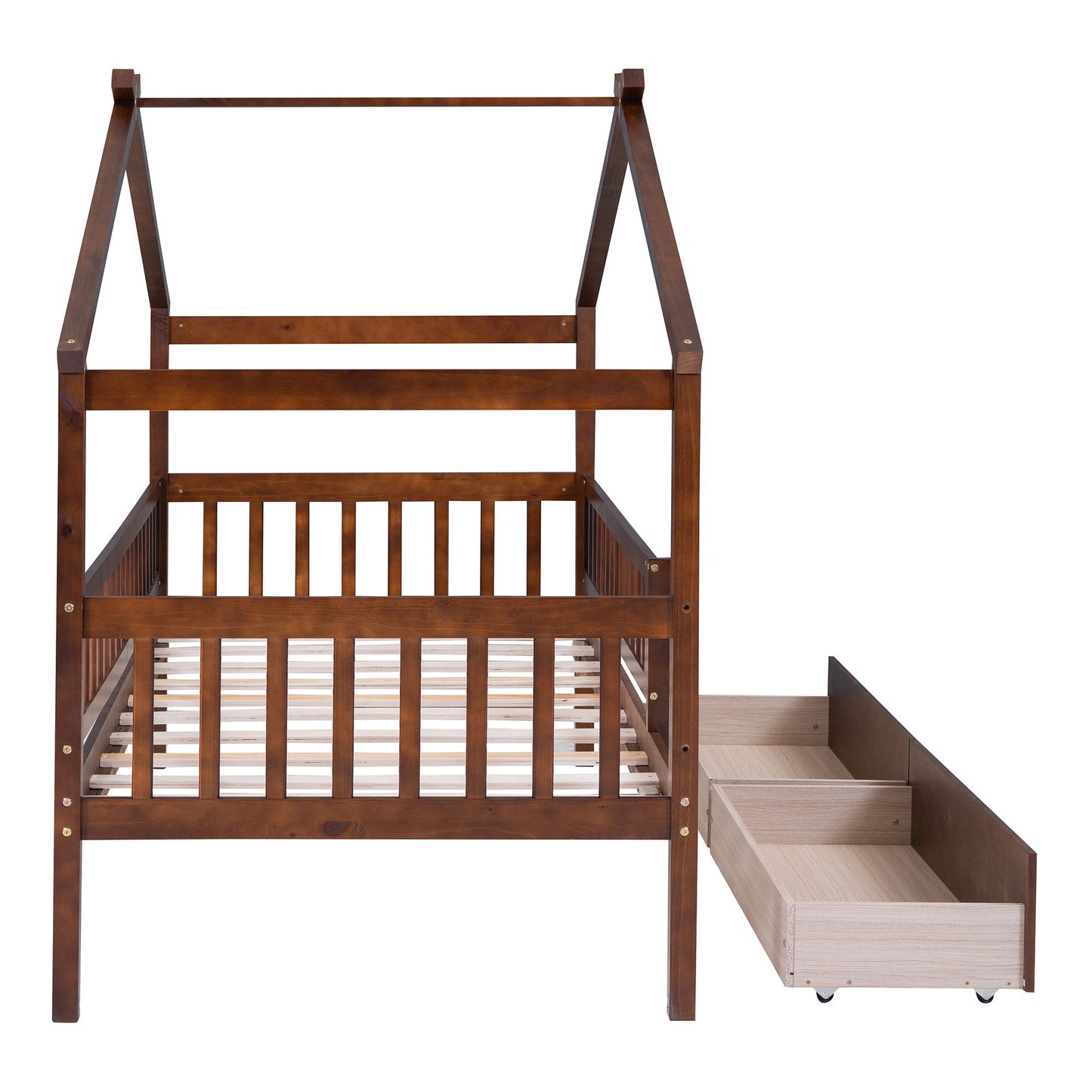 Twin Size House Bed With 2 Drawers - Walnut