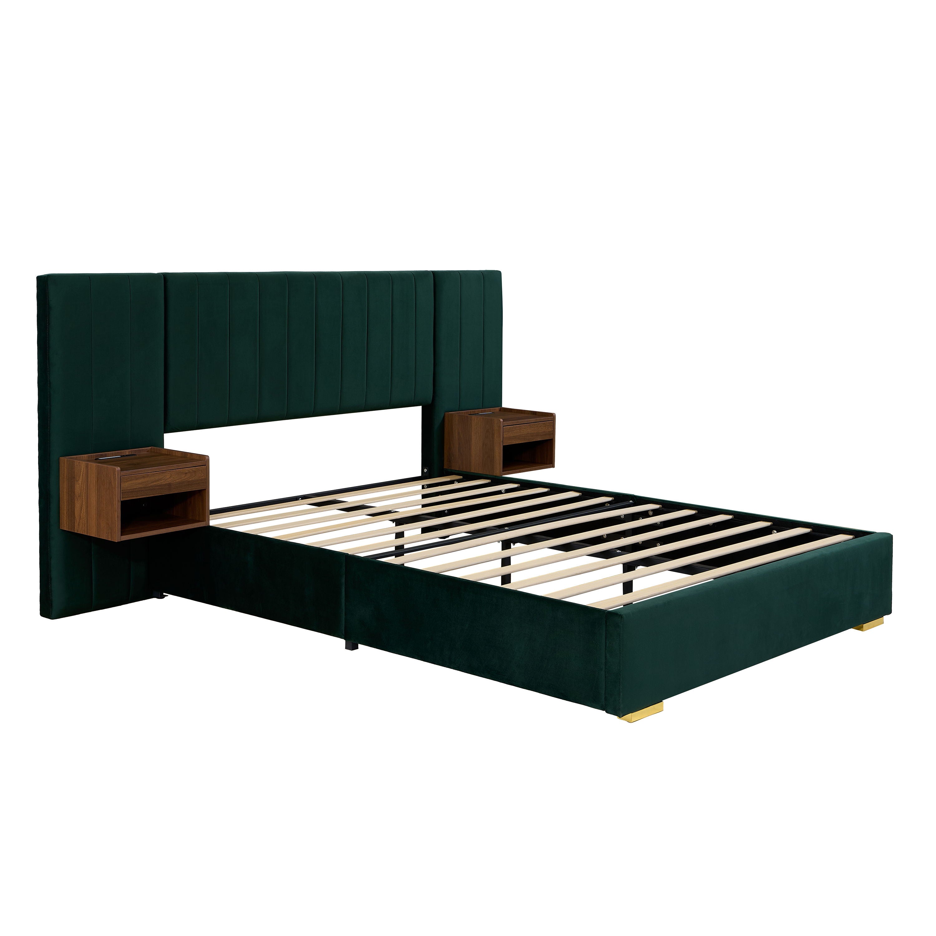 Upholstered Queen Size Bed Frame Of Velvet Tufted Headboard With Floating Nightstand LED / USB Built - Green