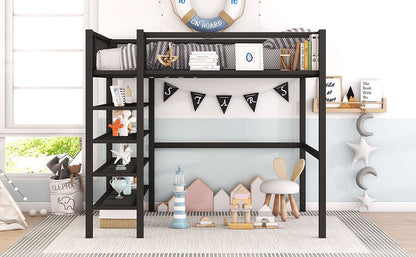 Full Size Loft Bed With 4 Tier Shelves And Storage - Black