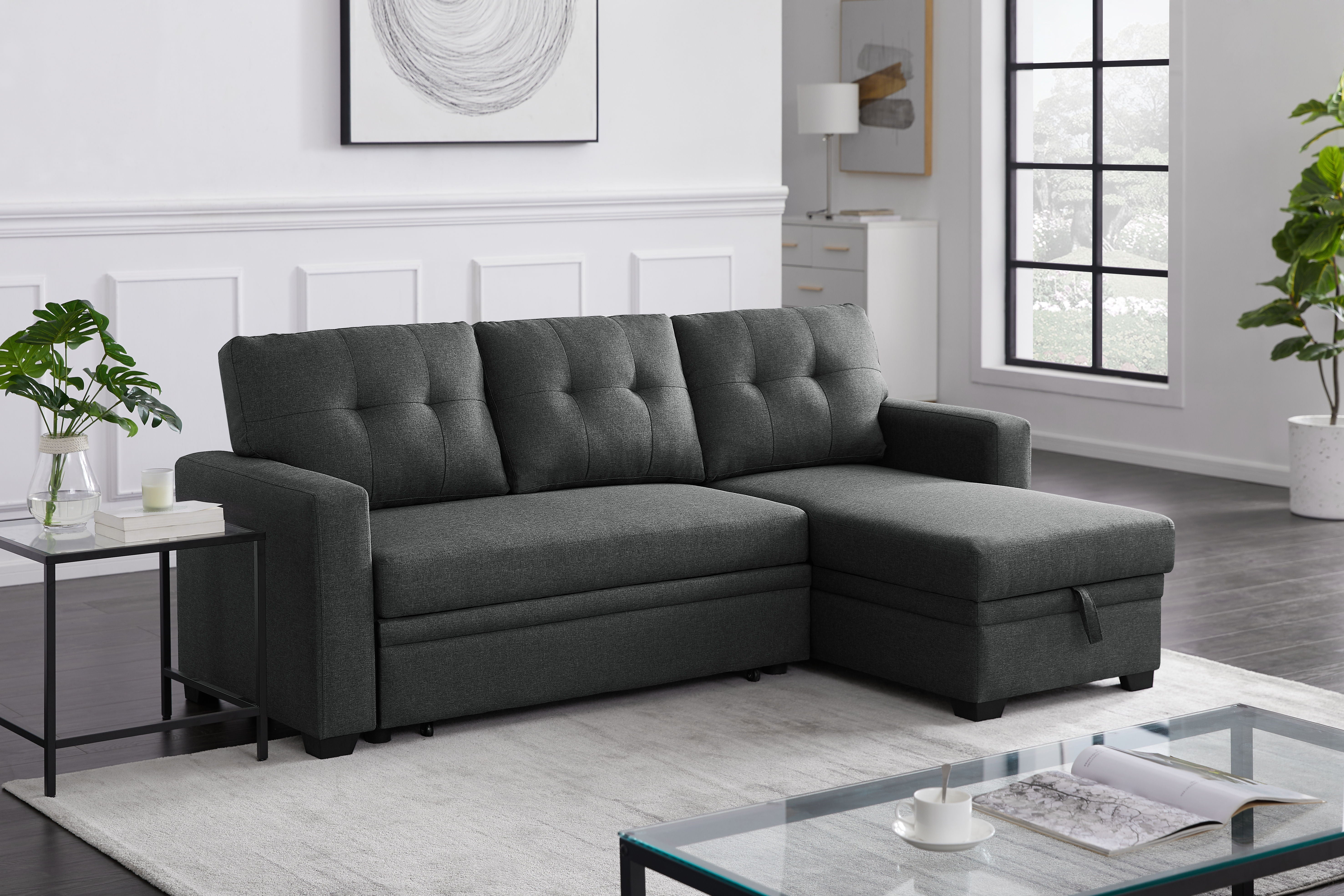 Upholstered Pull Out Sectional Sofa & Chaise - Dark Gray