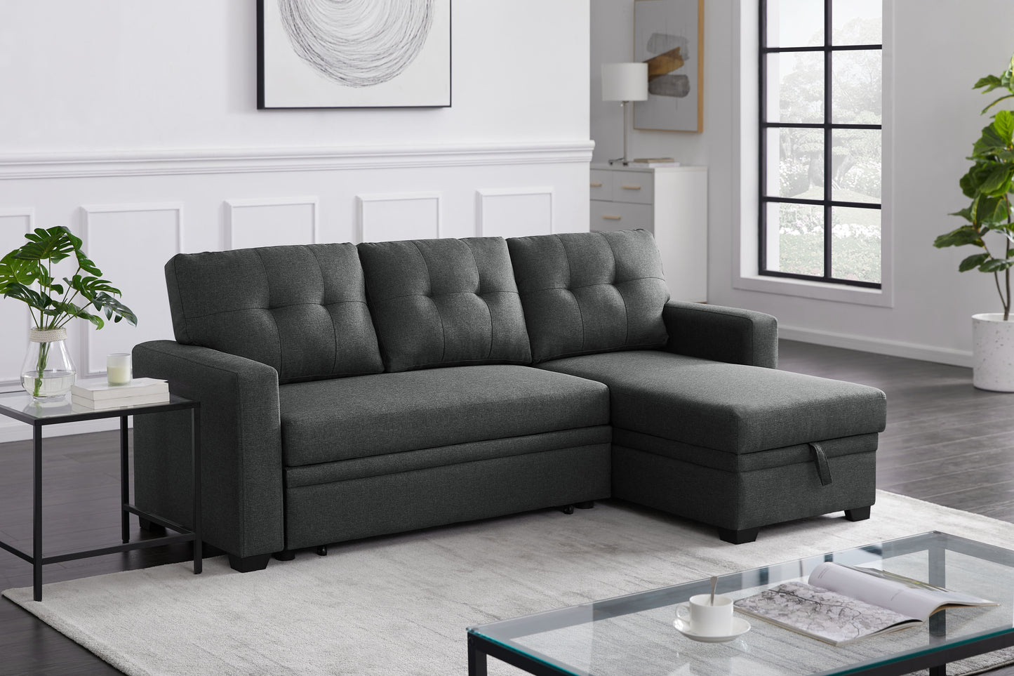 Upholstered Pull Out Sectional Sofa & Chaise - Dark Gray