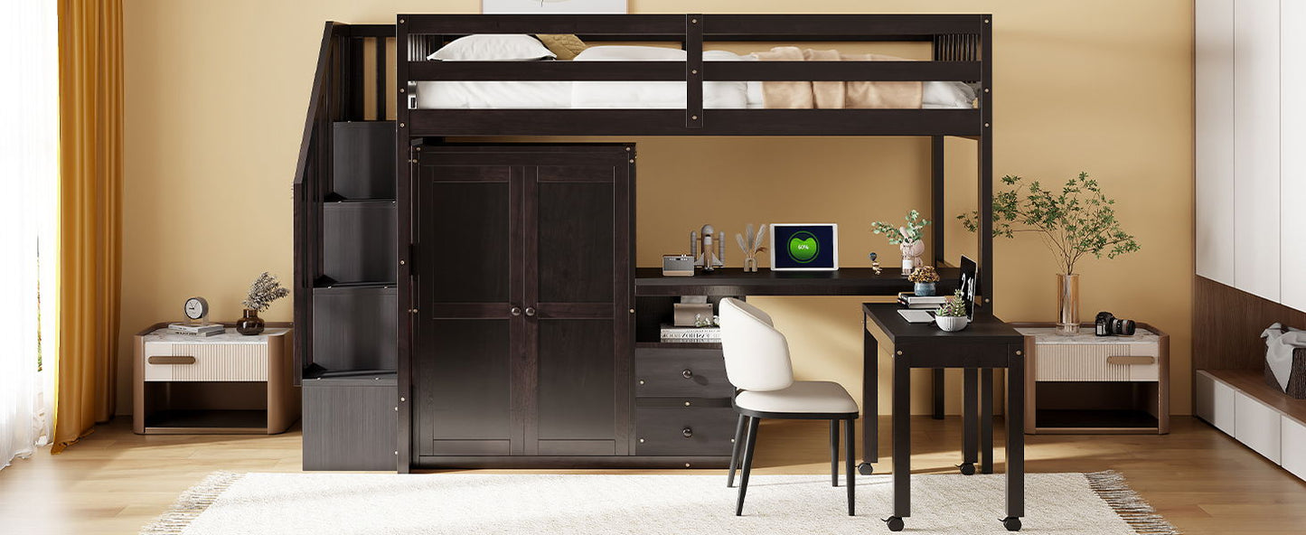 Twin Size Loft Bed With Stairs, Bookshelf, Drawers, Desk & Wardrobe, Space Saving Multifunctional Furniture - Espresso
