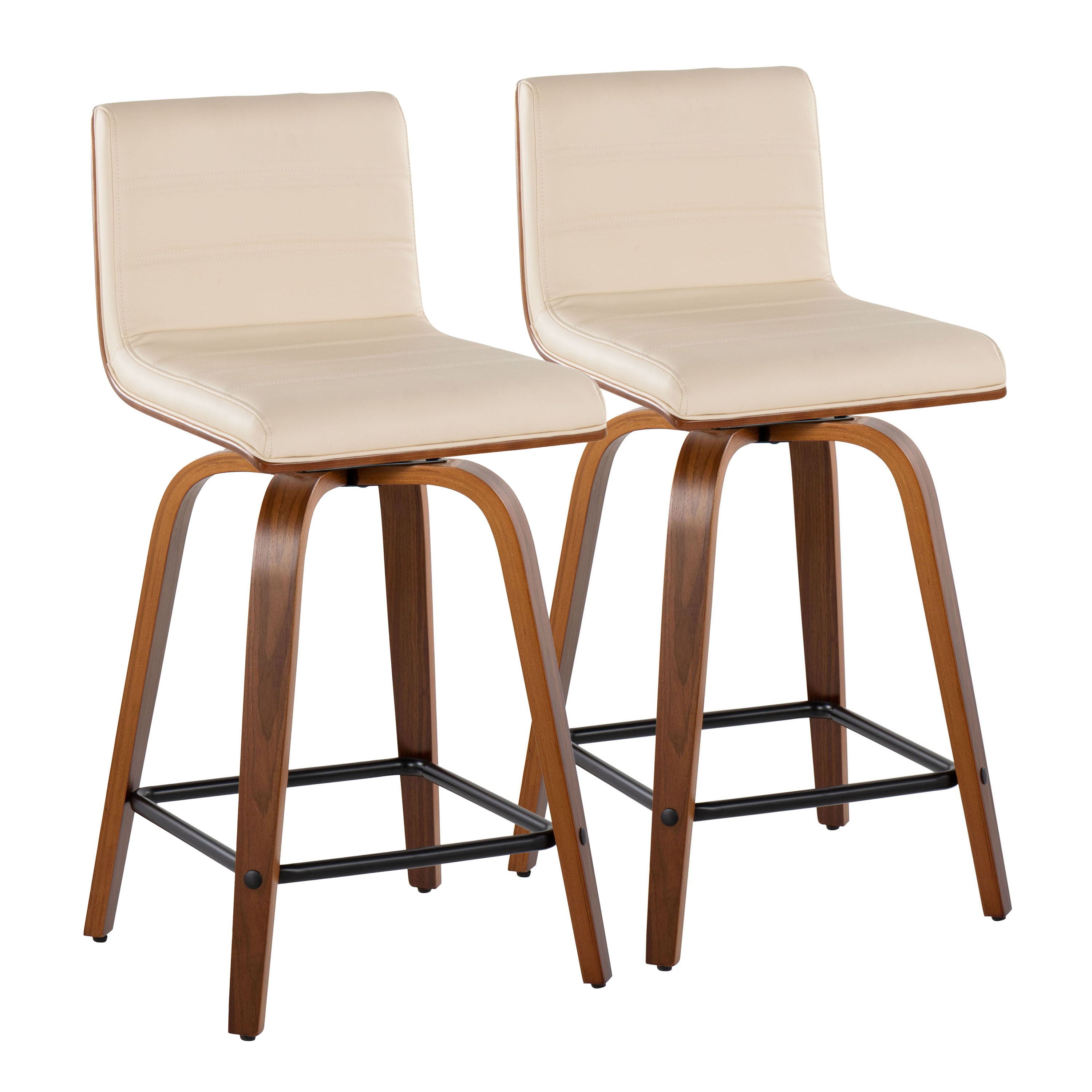 Vasari - Mid-Century Modern Fixed Height Counter Stool With Swivel With Square Footrest (Set of 2) - Walnut / Cream