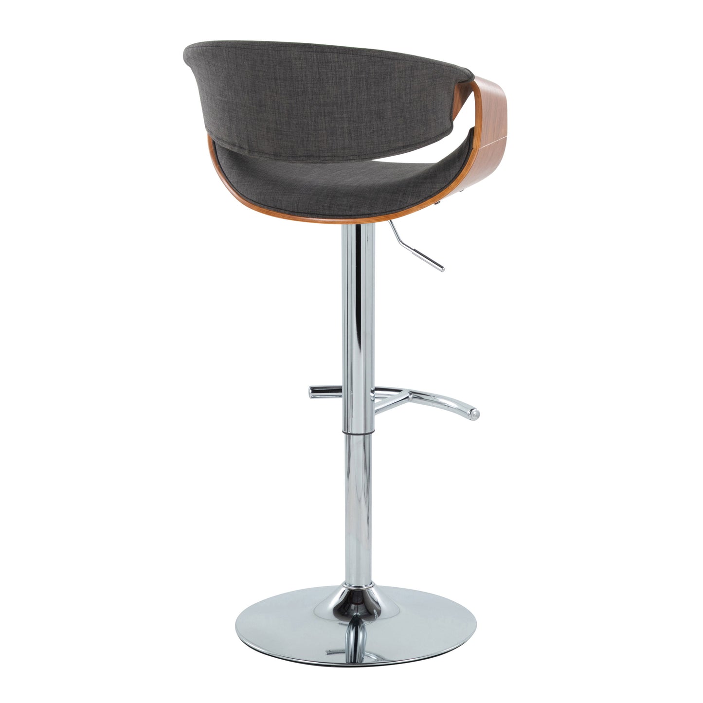 Curvo - Mid-Century Modern Adjustable Barstool With Swivel With Rounded T Footrest (Set of 2) - Chrome / Walnut / Charcoal