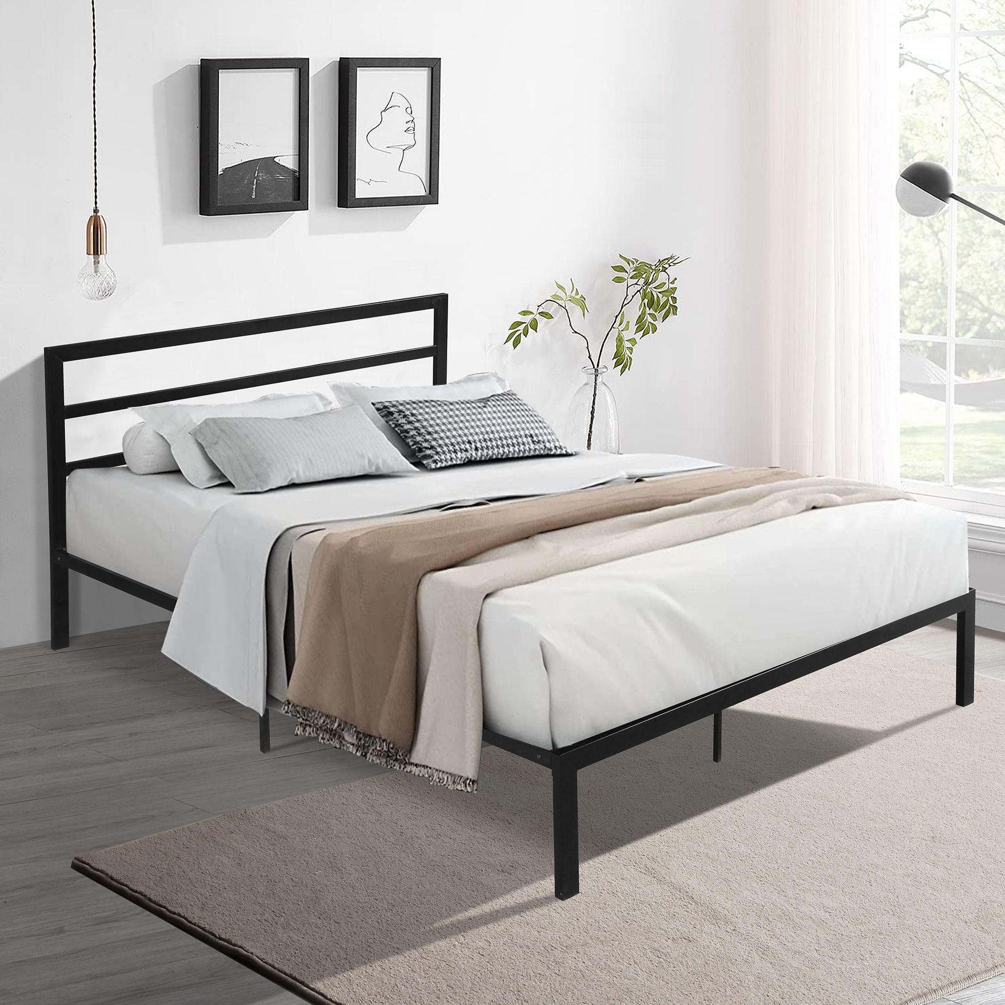 Queen Metal Bed Frame With Headboard - Black