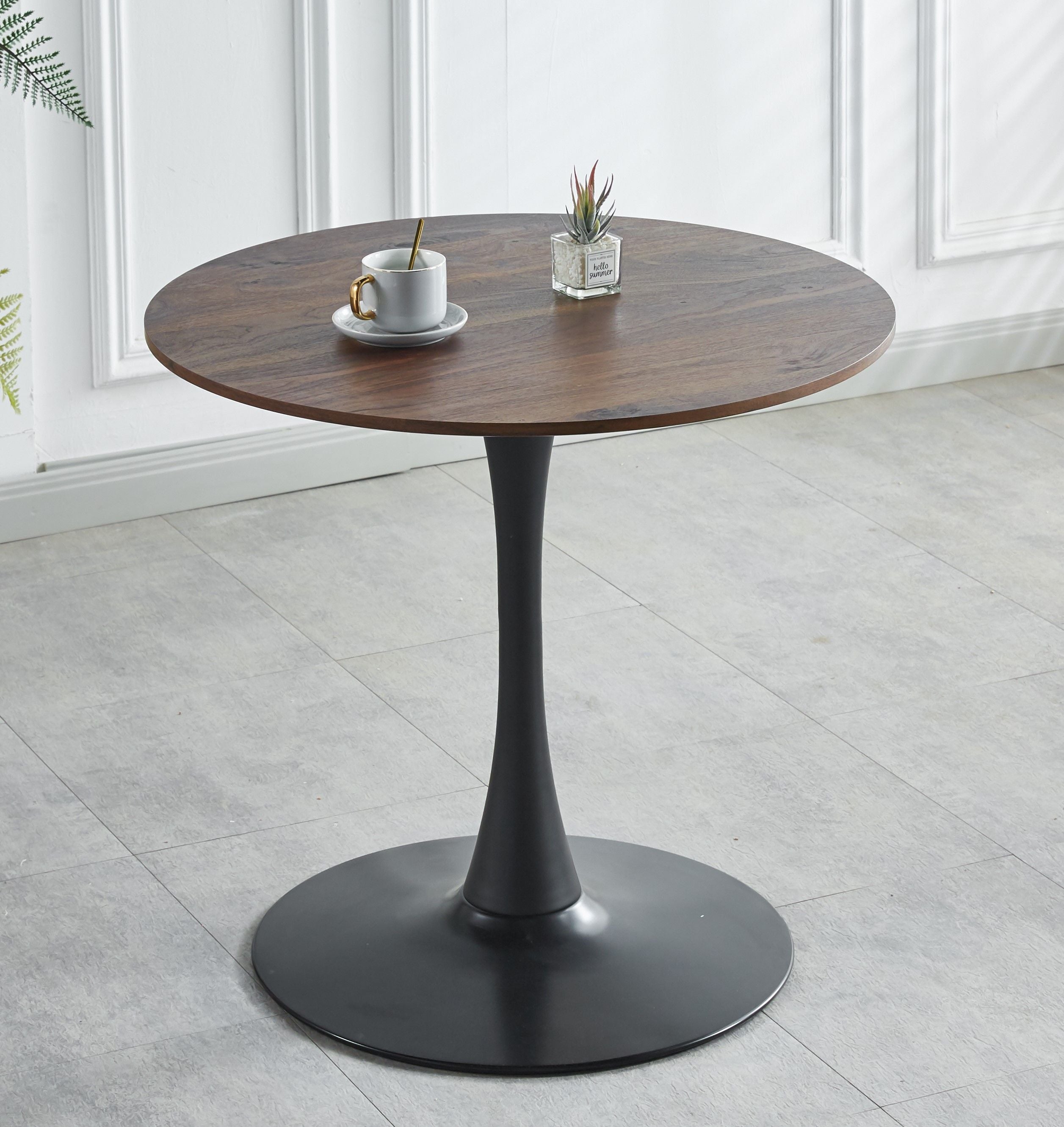 Tulip Table Mid-Century Dining Table For 2-4 People With Round MDF Table Top, Pedestal Dining Table, End Table Leisure Coffee Table - Walnut / Black
