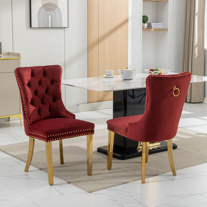 Nikki - Modern, High-End Tufted Solid Wood Contemporary Velvet Upholstered Dining Chair With Golden Stainless Steel Plating Legs, Nailhead Trim (Set of 2) - Burgundy